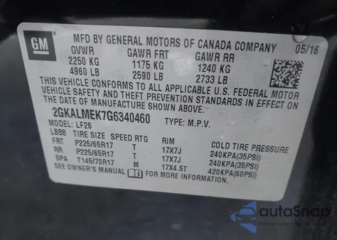 2016 GMC Terrain Sle-1 из США, поврежденный, VIN 2GKALMEK7G6340460